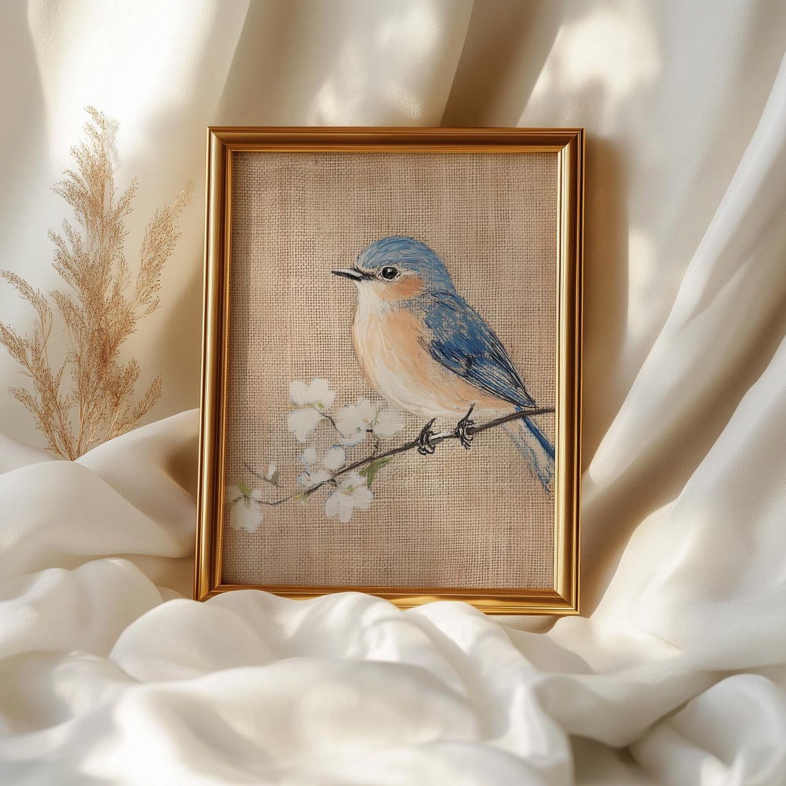 Bluebird On Branch Watercolor Burlap Farmhouse Bird Art Print Poster - Image 2