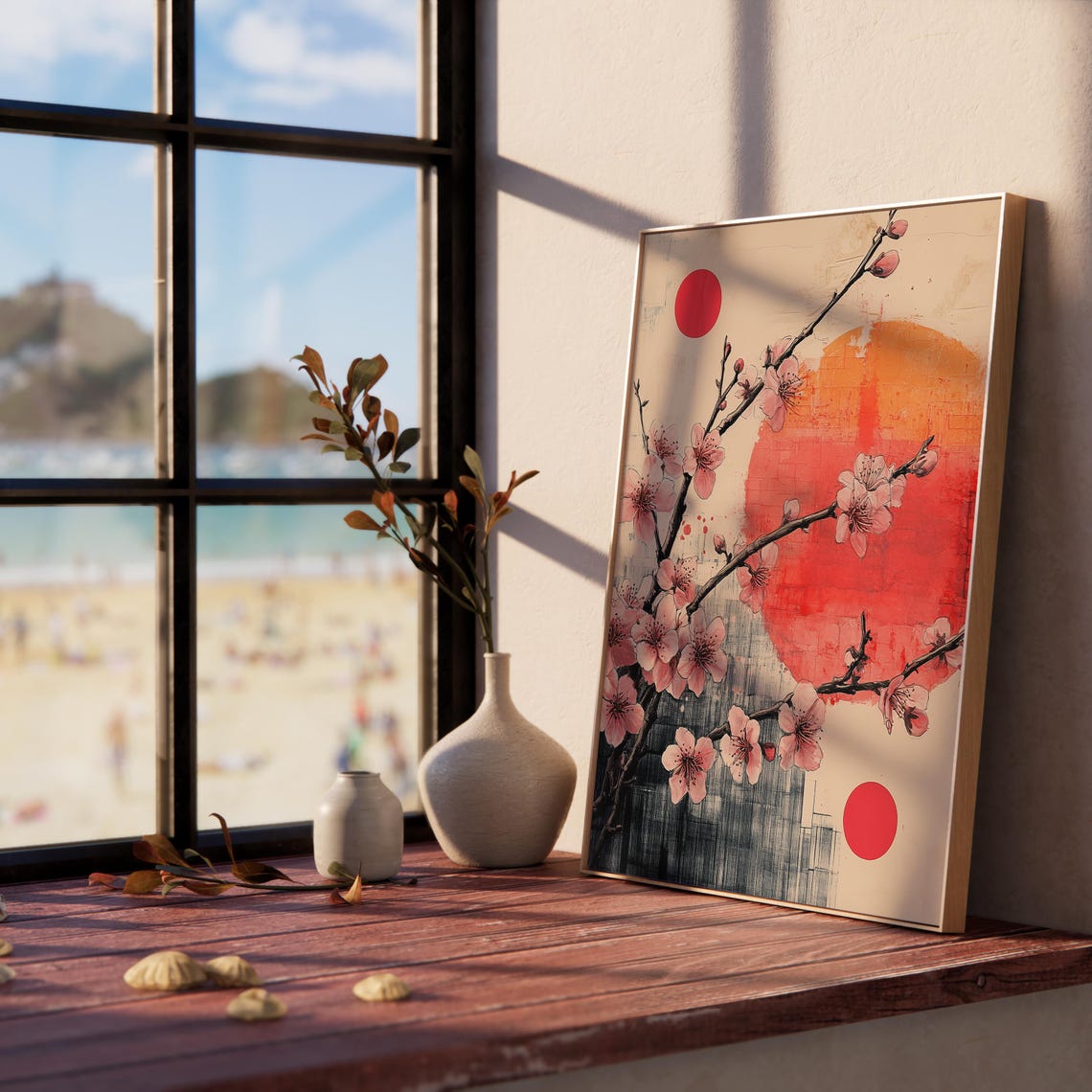 Abstract Cherry Blossom Branch Red Sun Japanese Style Art Poster - Image 2