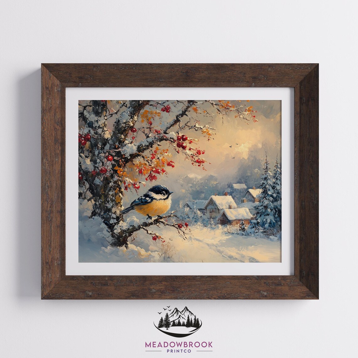 Chickadee On Snowy Berry Branch By Cozy Winter Village Scene Poster - Image 2