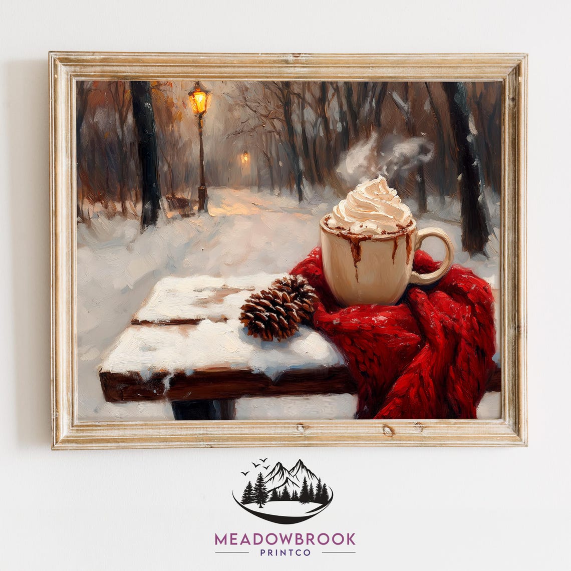 Hot Cocoa Whipped Cream Mug On Snowy Bench Winter Park Scene Poster