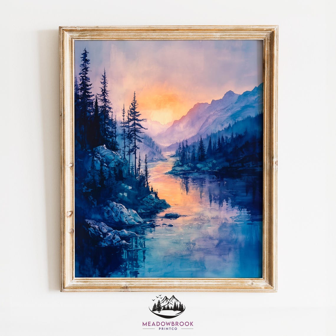 Twilight Mountain River Sunset Purple Blue Moody Watercolor Poster