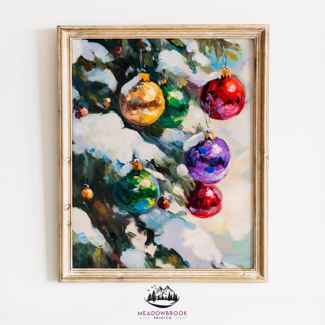 Christmas Ornaments On Snowy Tree Art Print, Vintage