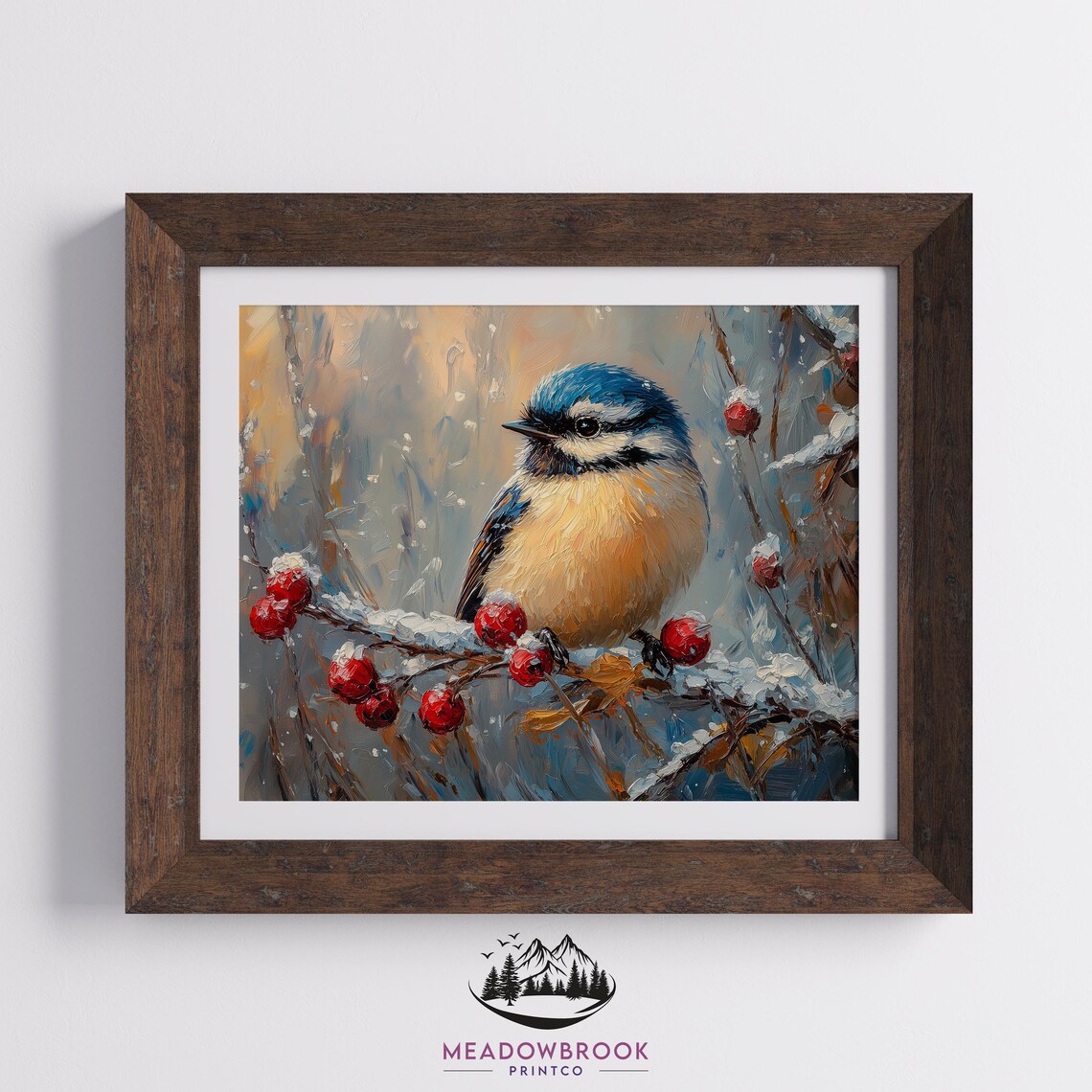 Blue Tit Bird Among Snowy Red Berries Winter Oil Painting Poster - Image 2