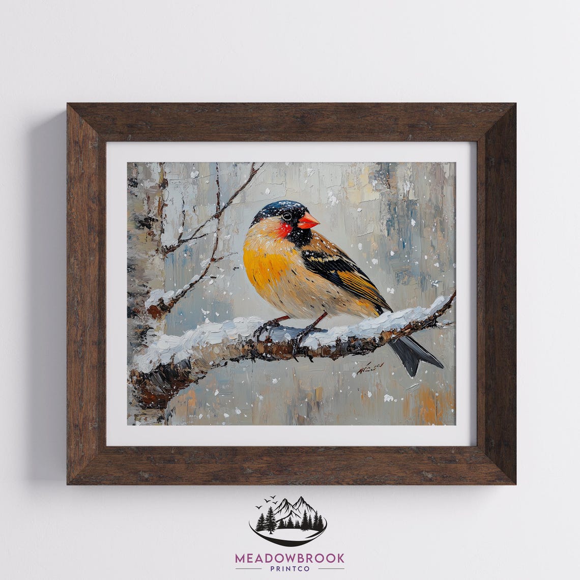 Goldfinch On Snow Covered Branch Soft Winter Morning Bird Poster - Image 2