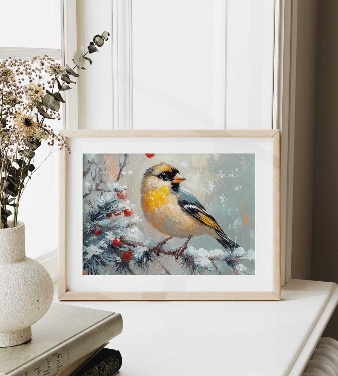 Finch On Icy Branch With Red Berries Frosty Winter Bird Art Poster - Image 3