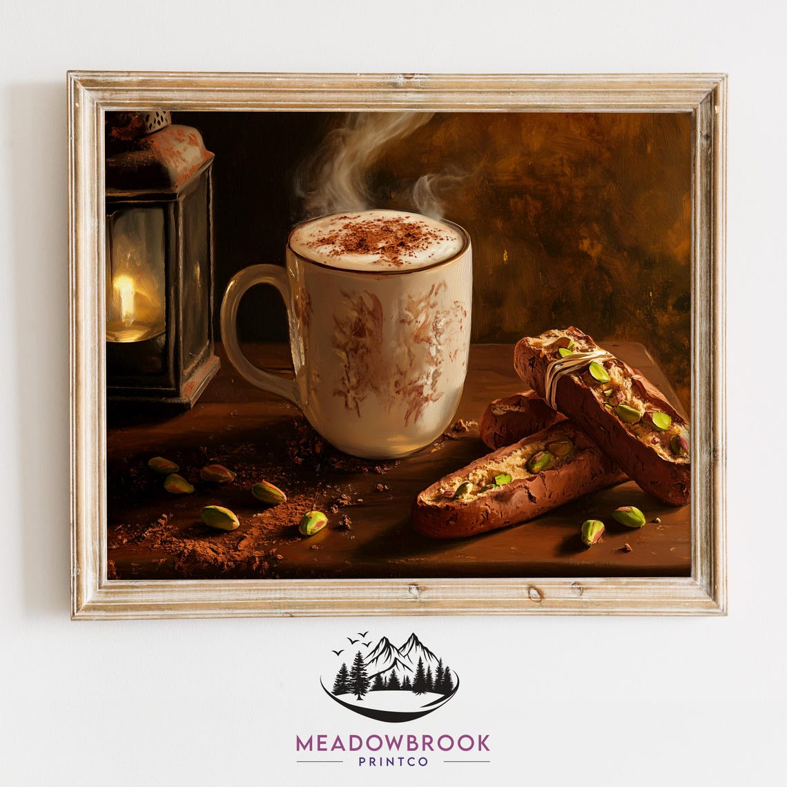 Steaming Cocoa Mug With Pistachio Biscotti Rustic Lantern Art Poster
