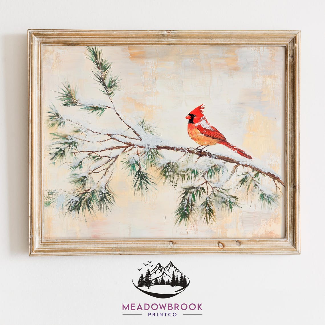 Cardinal On Snow Dusted Pine Branch Warm Golden Winter Painting Print