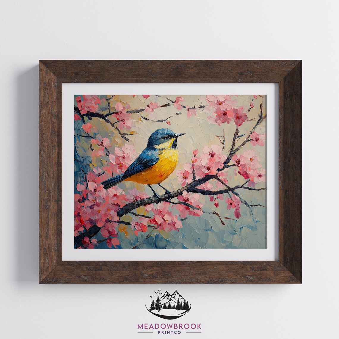 Blue Yellow Songbird In Blossoming Canopy Pastel Spring Art Poster - Image 2