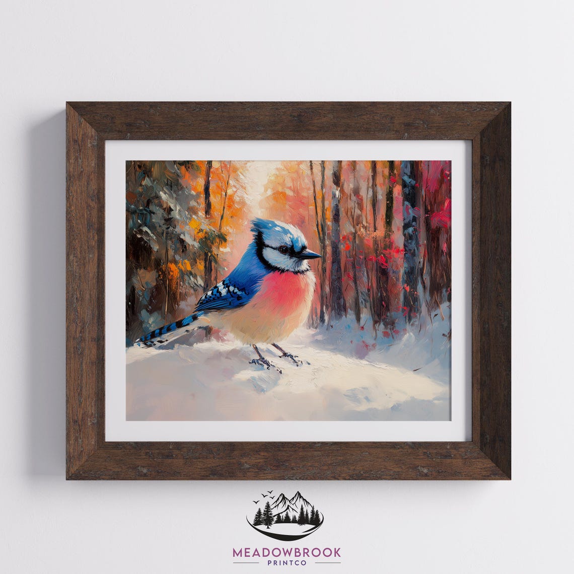 Blue Jay Standing In Snowy Winter Forest Warm Sunset Glow Bird Poster - Image 2