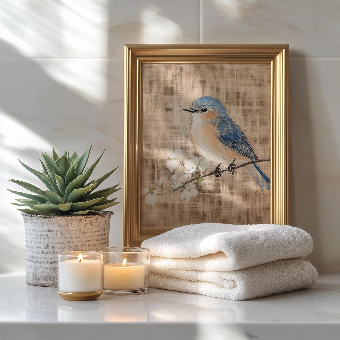 Bluebird On Branch Watercolor Burlap Farmhouse Bird Art Print Poster - Image 3
