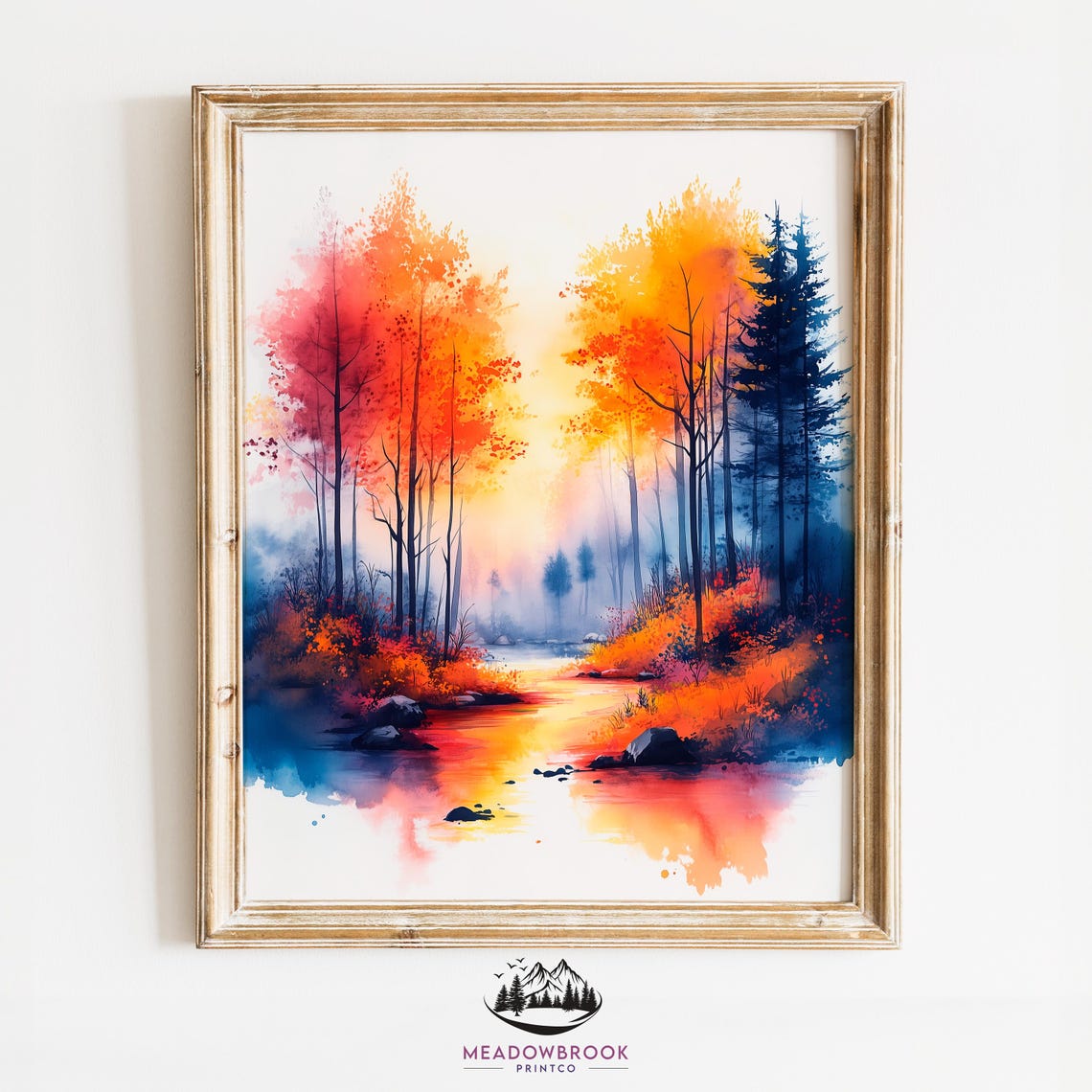 Autumn Forest Stream Colorful Watercolor Fall Landscape Nature Poster