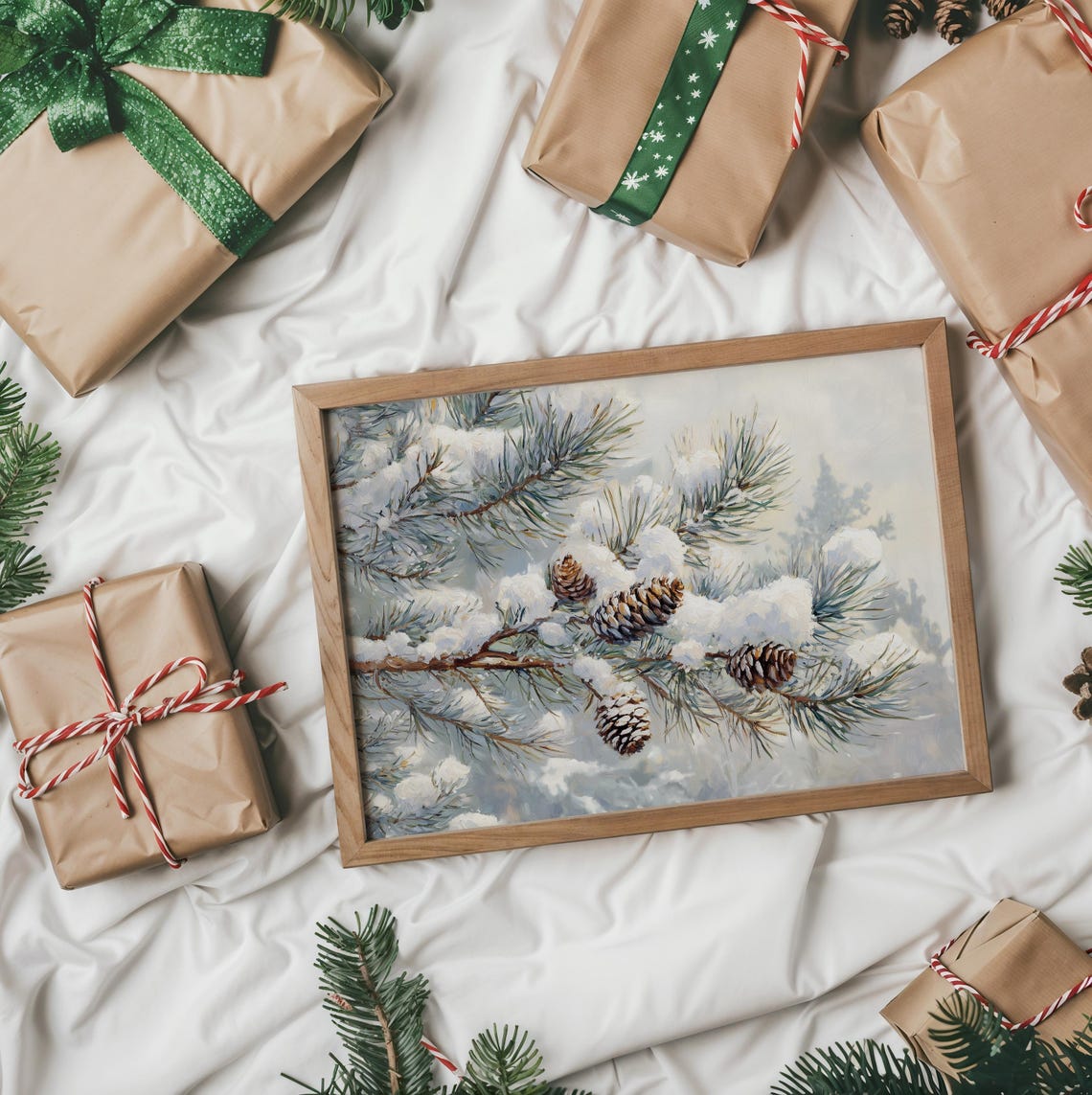 Snow Laden Pine Branches With Pinecones Vintage Winter Painting Print - Image 3