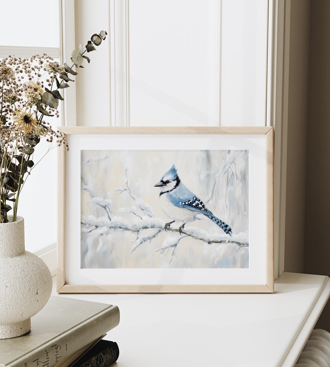 Lone Blue Jay Perched On Snowy Branch, Vintage Christmas - Image 3