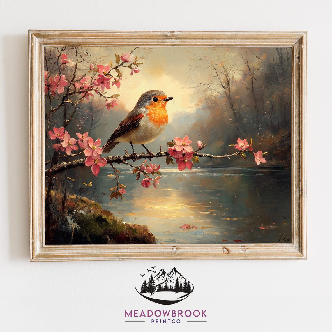European Robin On Blossoming Pink Branch Over River Spring Art Poster