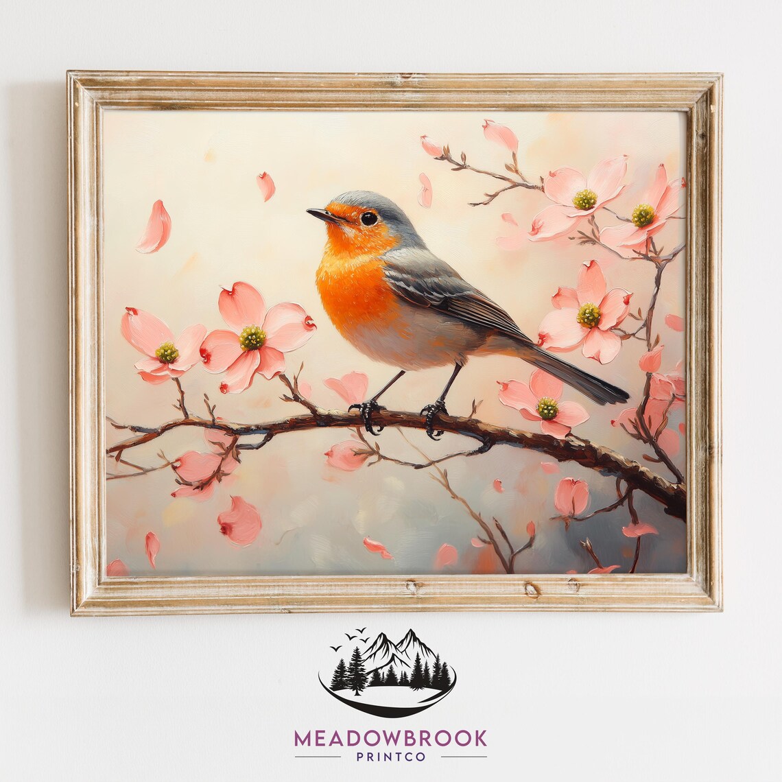 Orange Breasted Songbird On Flowering Dogwood Branch Spring Art Poster