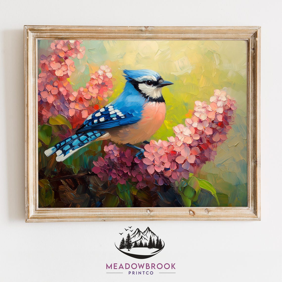 Blue Jay Among Blooming Coral Blossoms Spring Impasto Art Poster