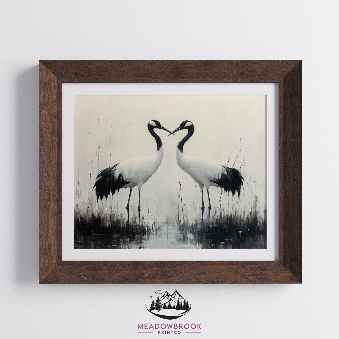 Pair Of Red Crowned Cranes Minimalist Japanese Ink Style Art Poster - Image 2