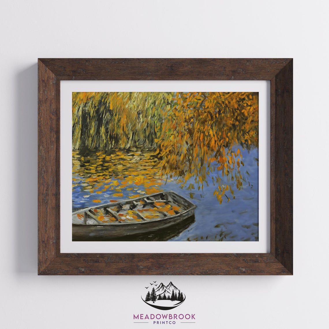 Rowboat Under Golden Autumn Branches Impressionist Blue Lake Art Print - Image 2