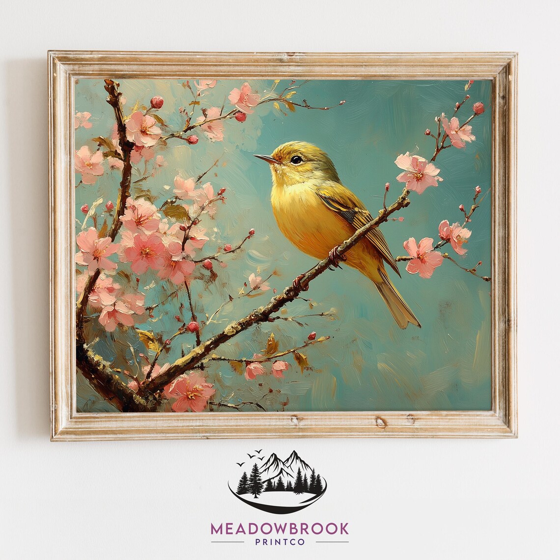Goldcrest Bird on Pink Cherry Blossom Branch Against Calm Teal Sky Art