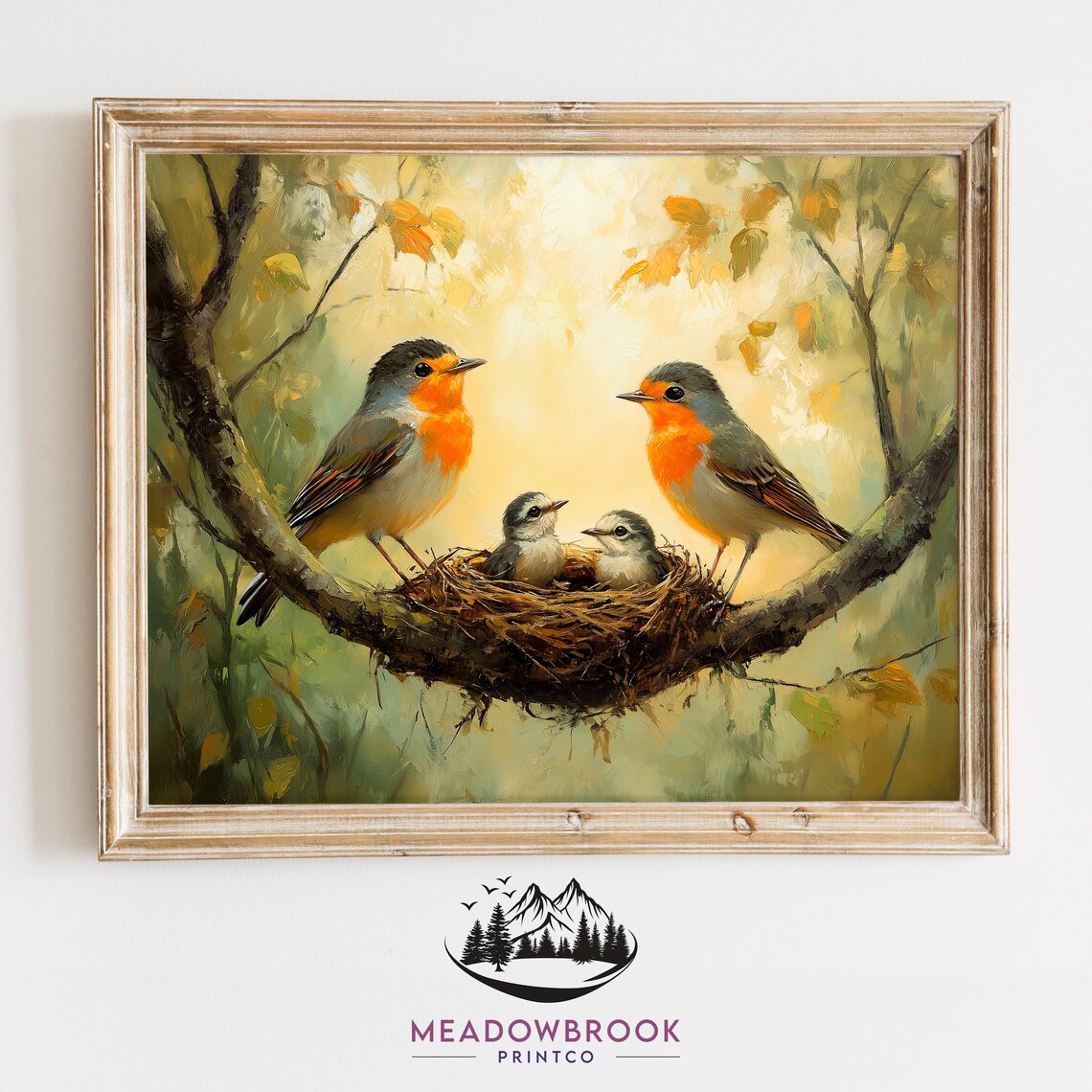 Robin Pair With Nest And Chicks Golden Autumn Bird Art Poster
