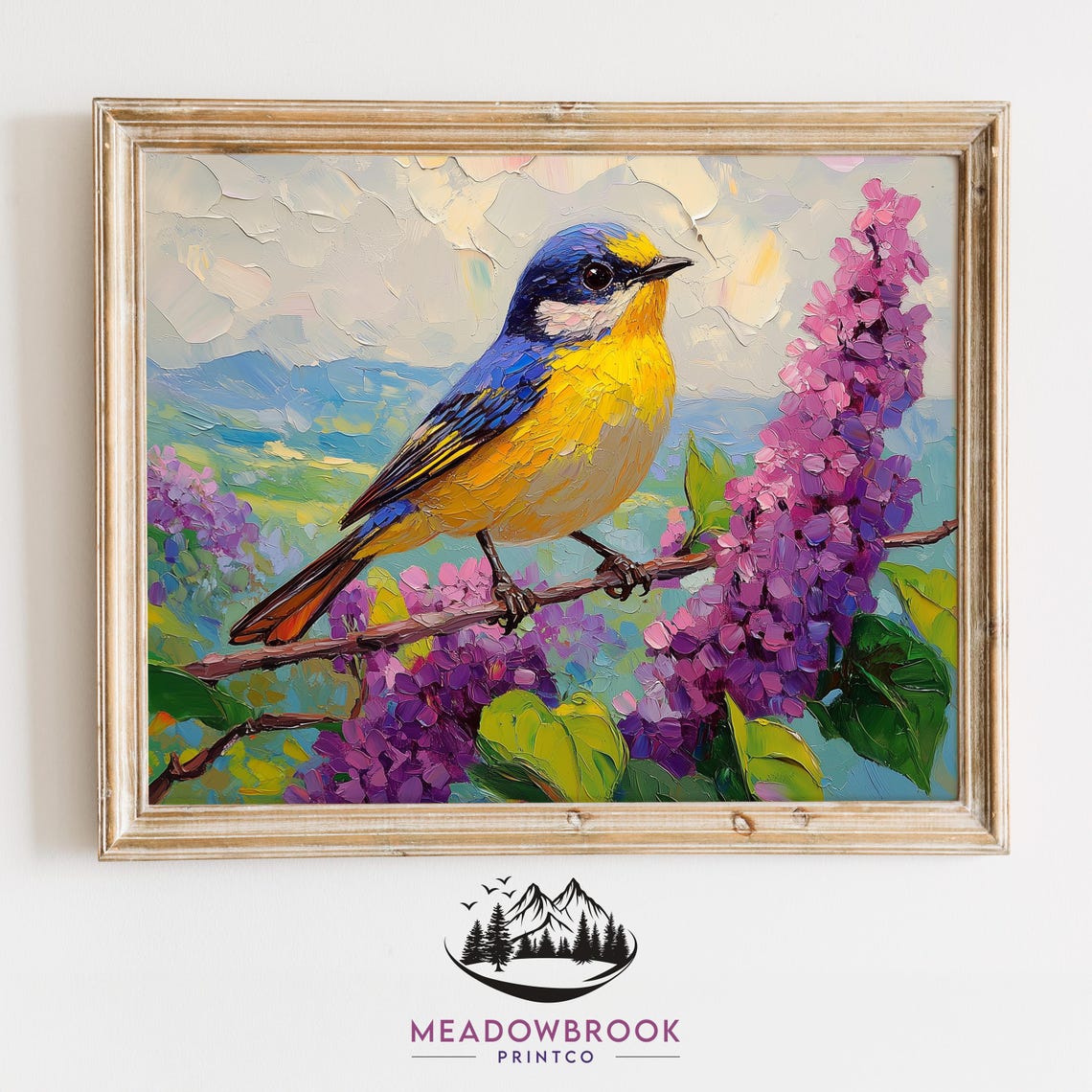 Blue Yellow Songbird Among Lilac Blooms Mountain View Art Poster