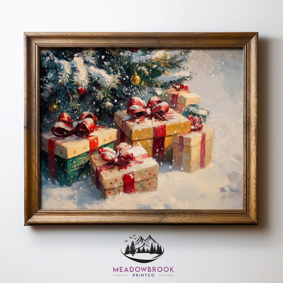 Snowy Christmas Gifts Under Tree Vintage Holiday Painting Print