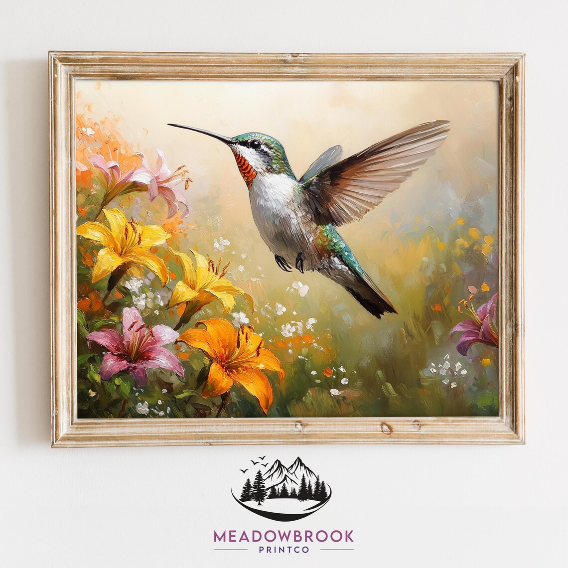 Hummingbird Hovering Among Bright Daylilies Summer Garden Art Poster