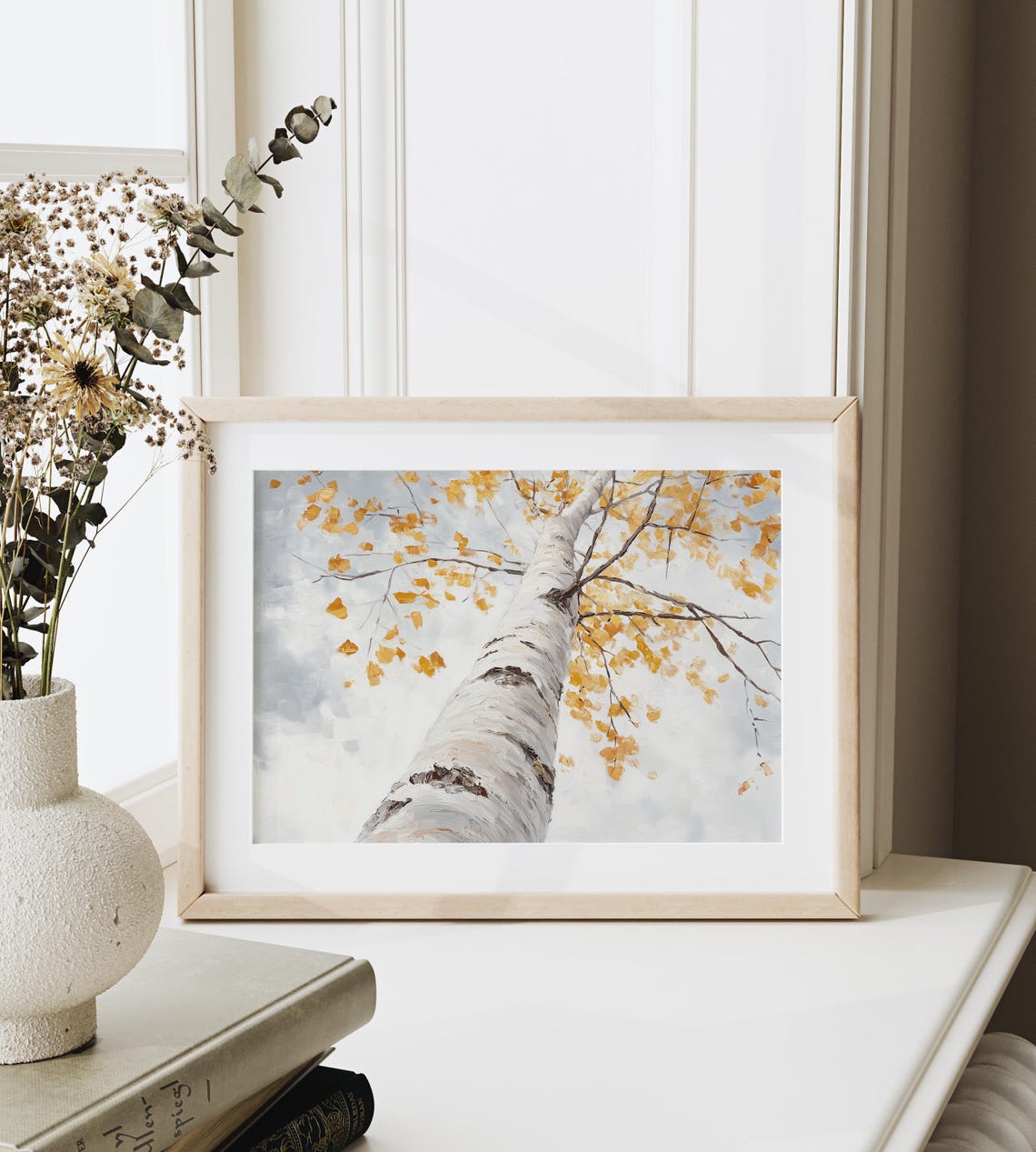 White Birch Trunk Viewed From Below With Golden Autumn Leaves Wall Art - Image 3