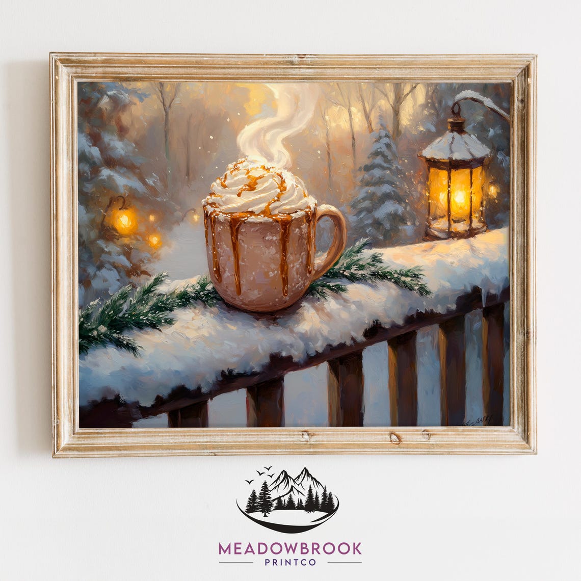 Steaming Hot Cocoa Mug With Lantern Snowy Pine Forest Art Poster