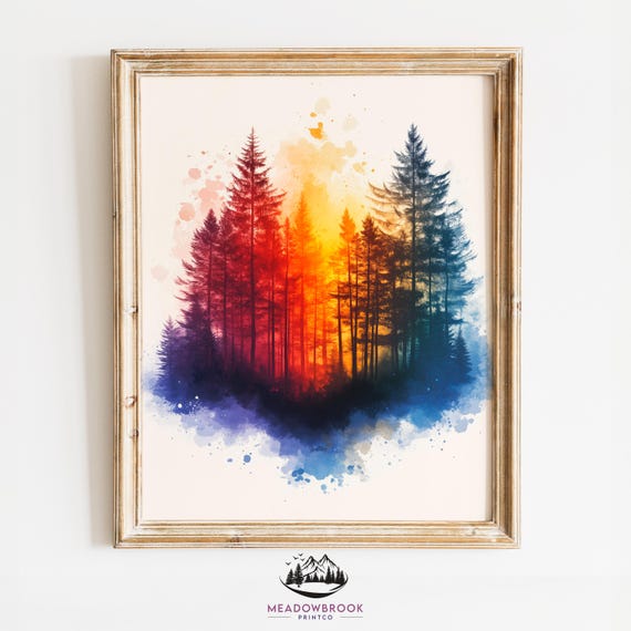 Deep Forest At Twilight Colorful Watercolor Art Print Rustic Wall Decor Moody Cottagecore Nature Scene 915