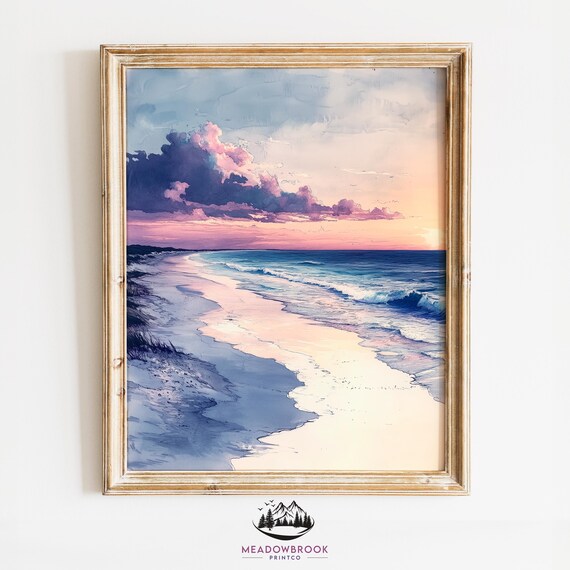 Serene Beach At Sunrise Pink Sky Coastal Watercolor Ocean Poster