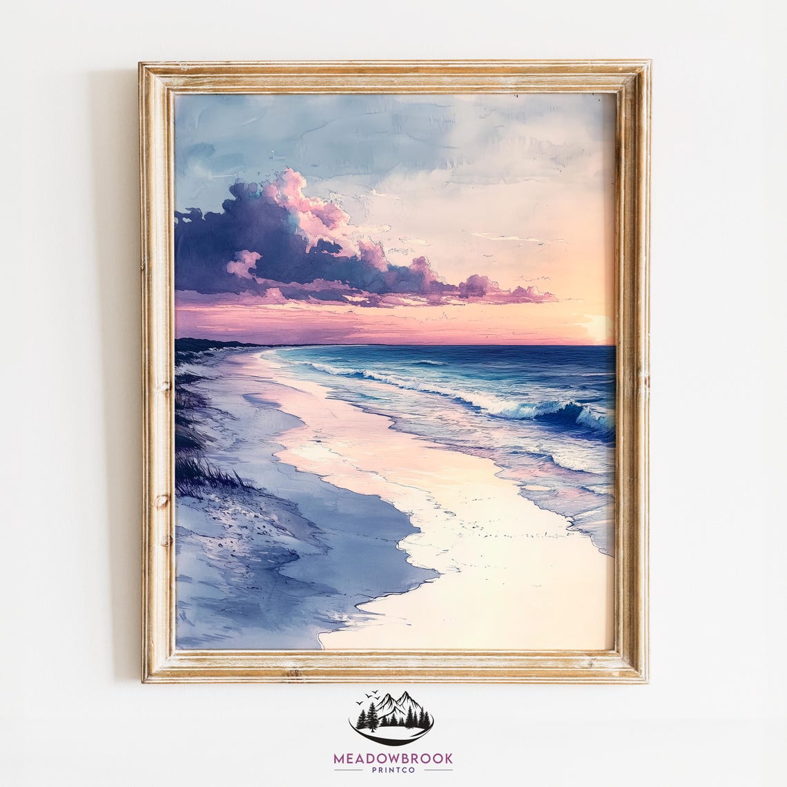 Serene Beach At Sunrise Pink Sky Coastal Watercolor Ocean Poster