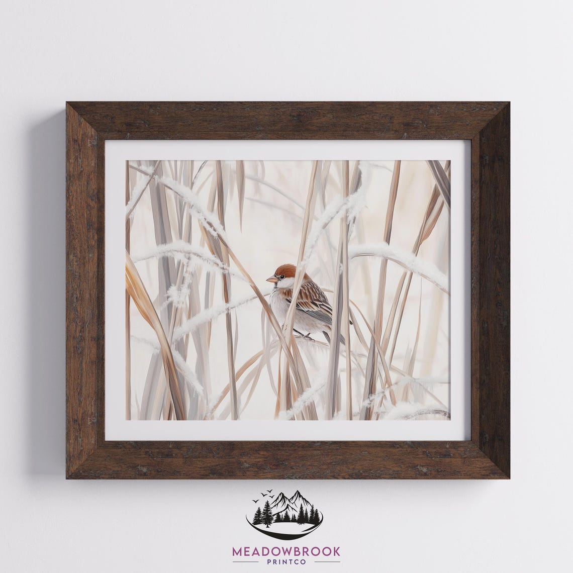 Sparrow In Frosty Winter Grass Soft Neutral Nature Scene Art Poster - Image 2