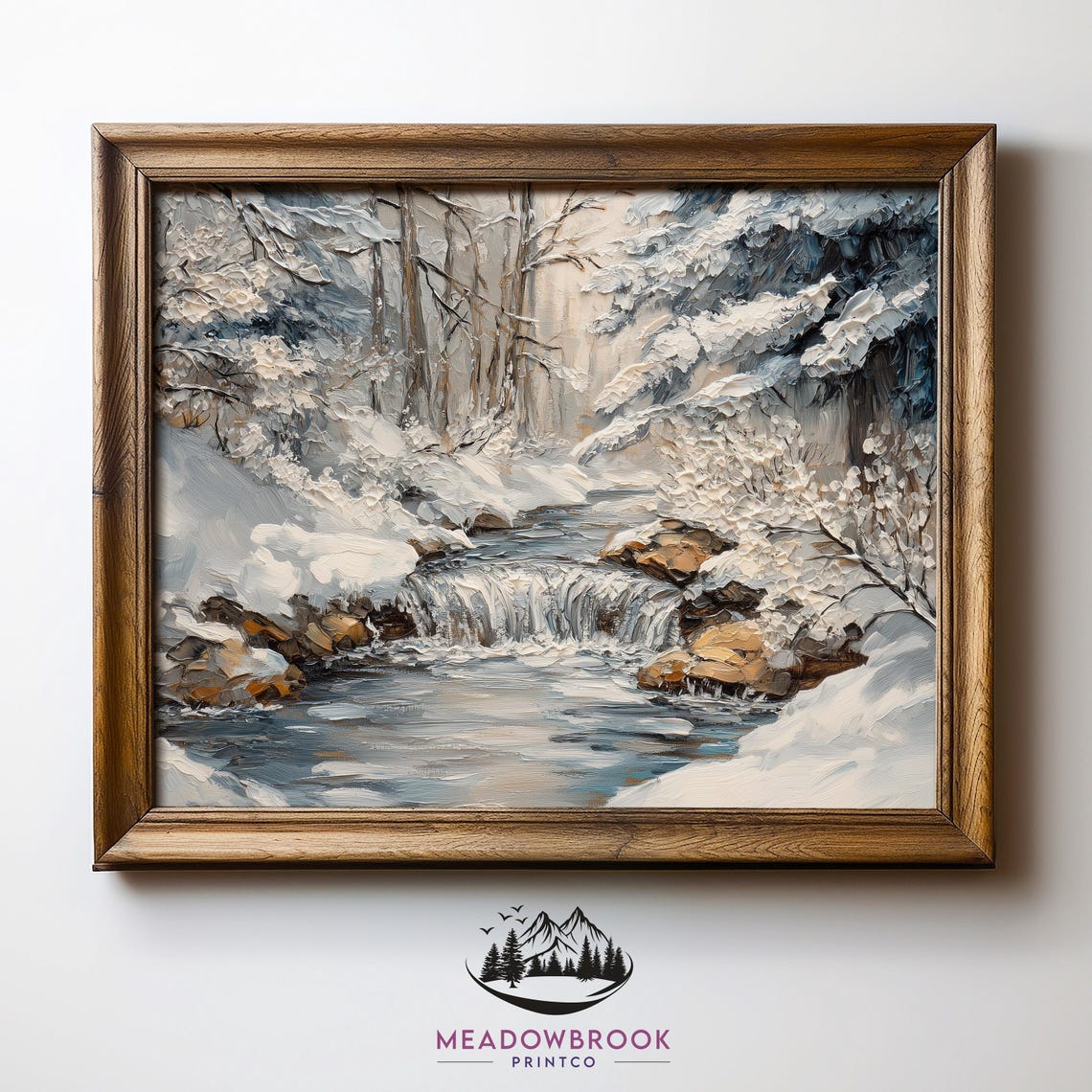 Serene Snowy Forest Stream Winter Waterfall Rustic Painting Print