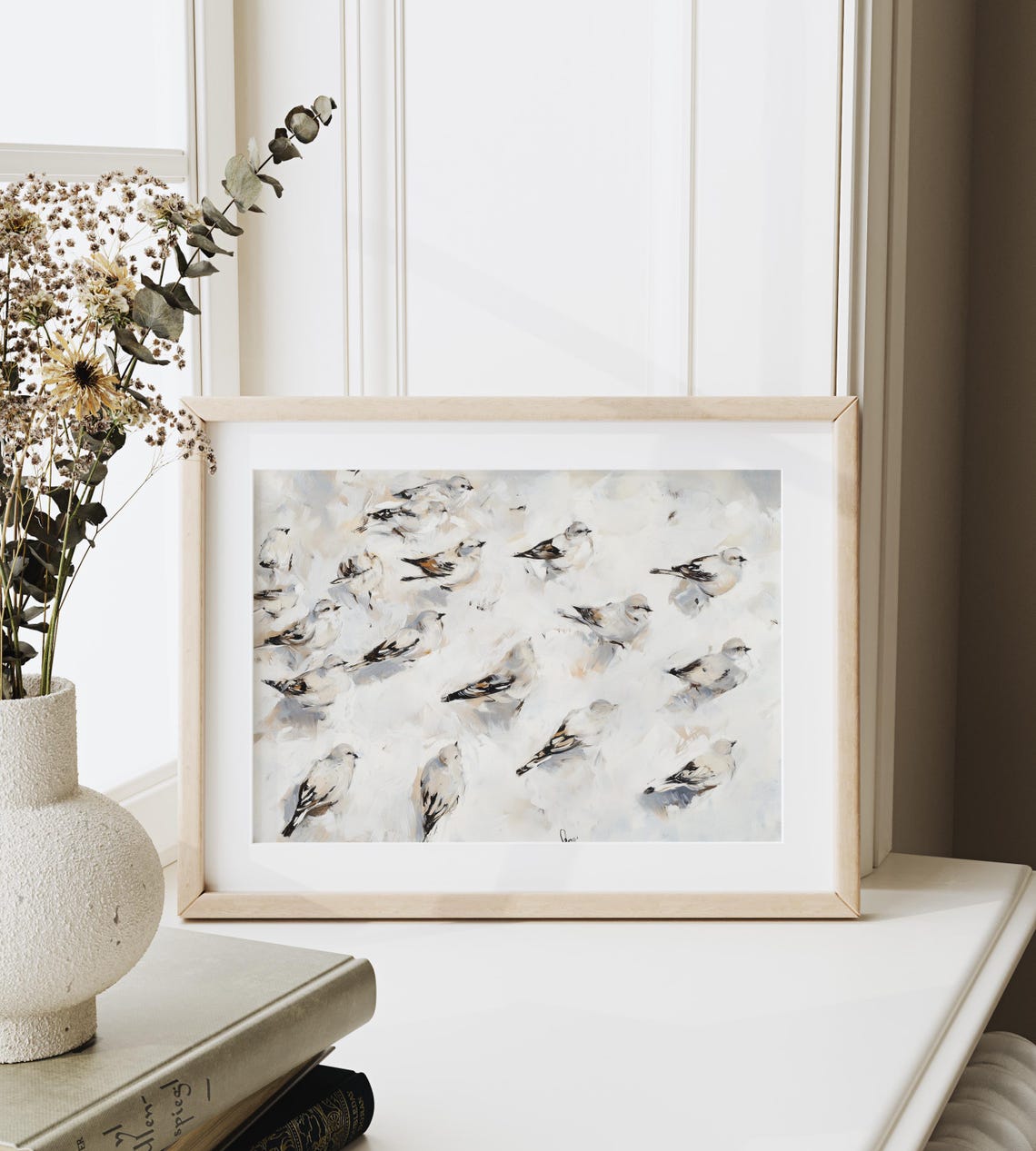 Flock Of Snow Buntings On Snow Soft Impressionist Winter Bird Poster - Image 3