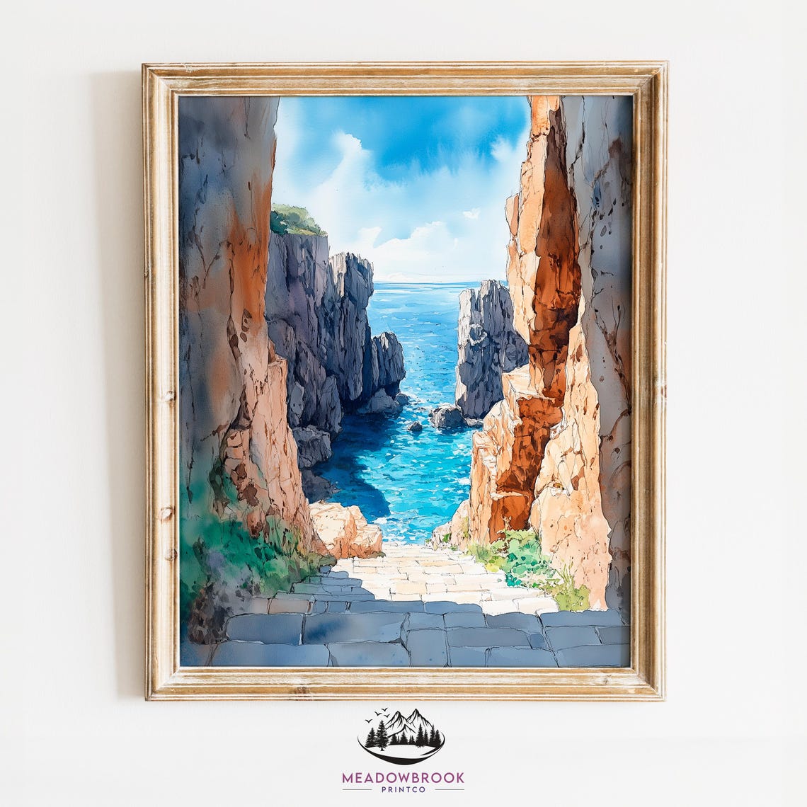 Stone Steps Between Cliffs To Turquoise Sea Coastal Watercolor Poster
