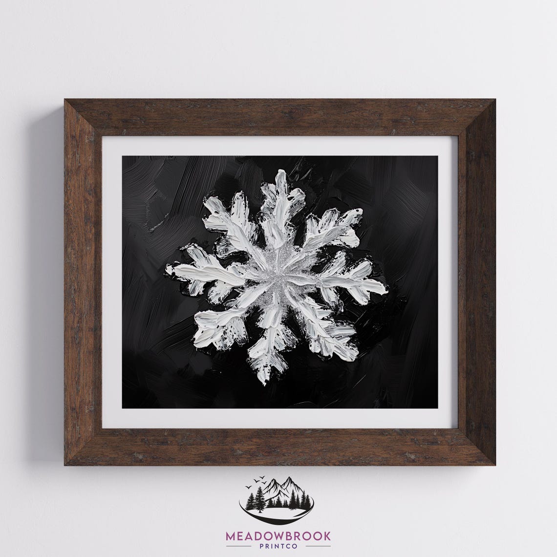 Bold White Snowflake On Black Textured Impasto Painting Print - Image 2