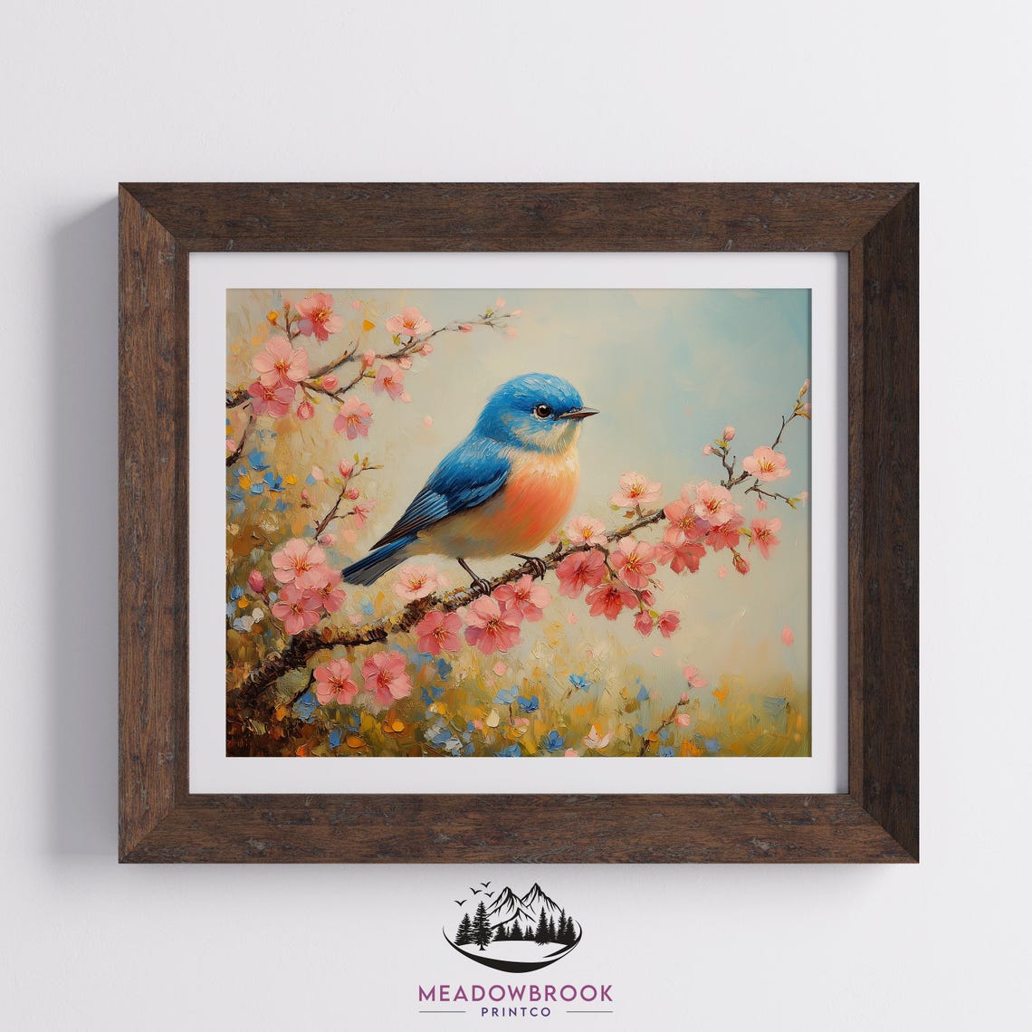 Eastern Bluebird Perched On Cherry Blossom Branch Spring Oil Poster - Image 2