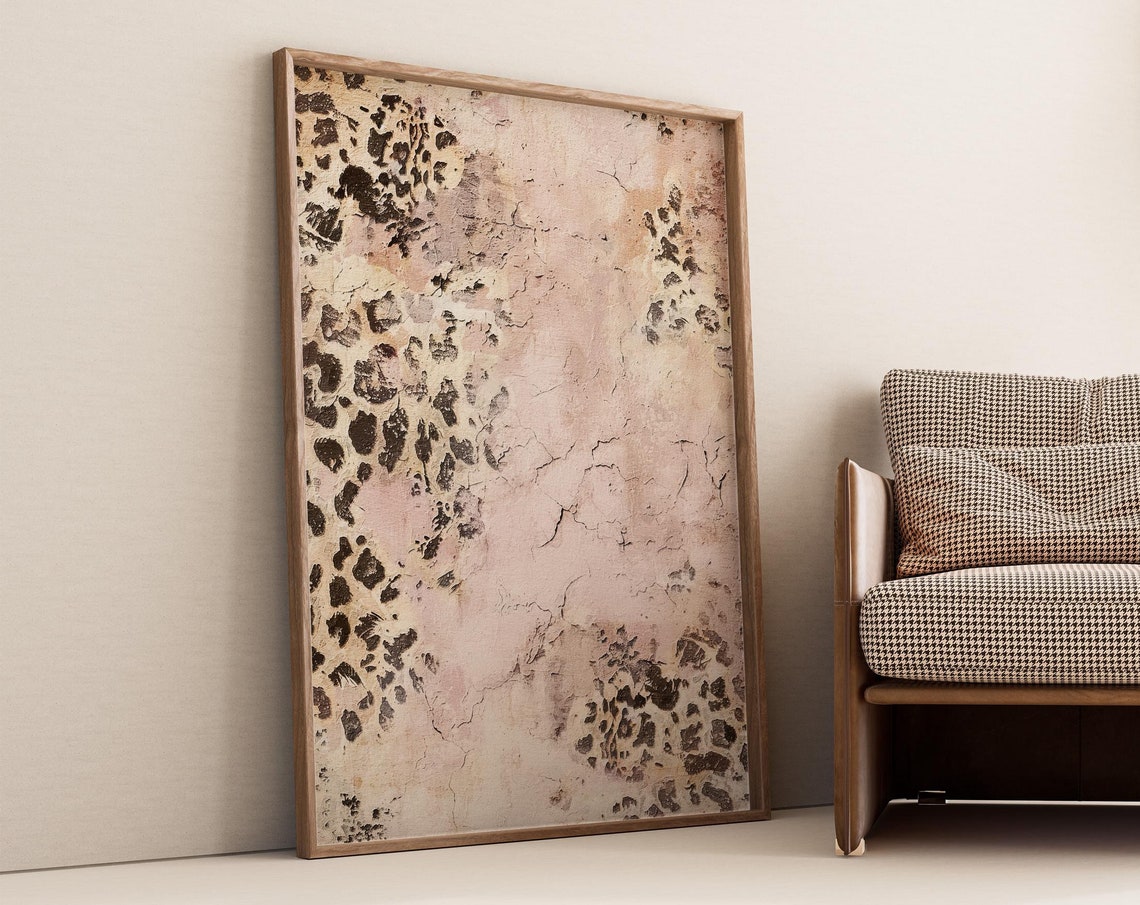 Blush Pink Leopard Print Textured Vintage Abstract Painting Print