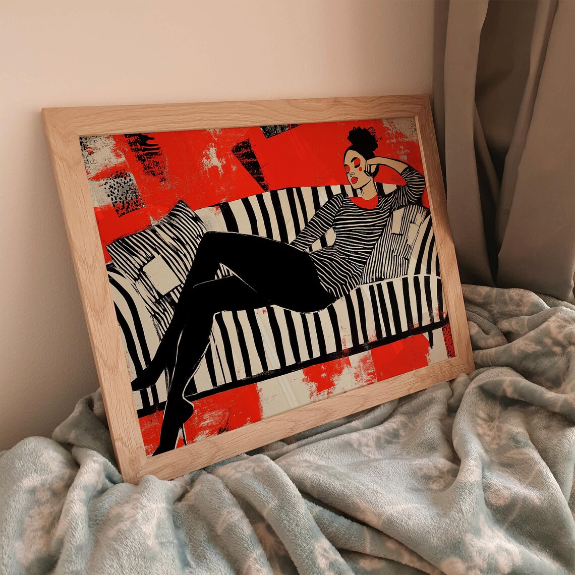 Woman Reclining on Striped Sofa Red Background Pop Art Poster - Image 2