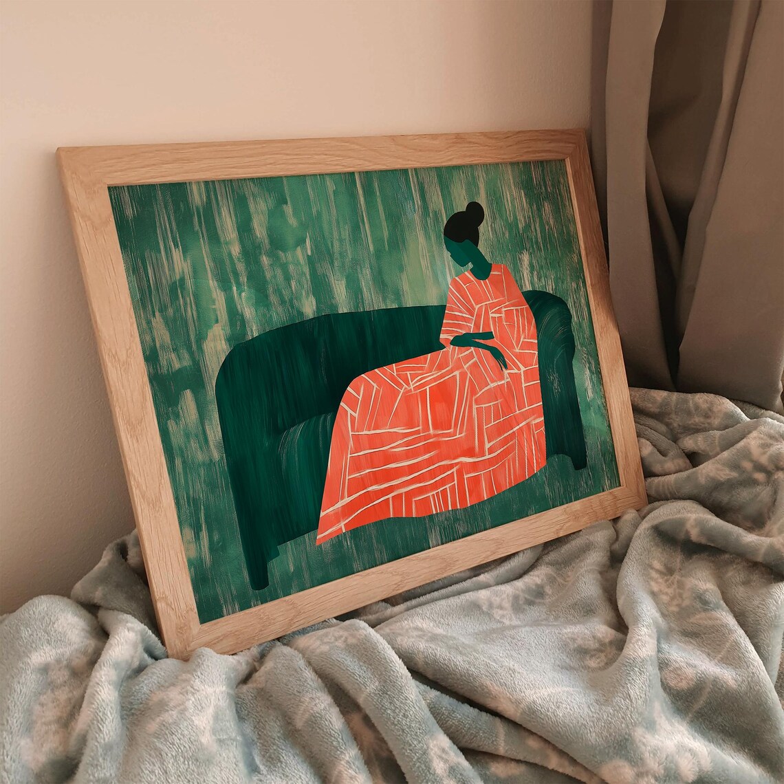Abstract Woman in Orange Geometric Dress on Green Couch Poster - Image 4