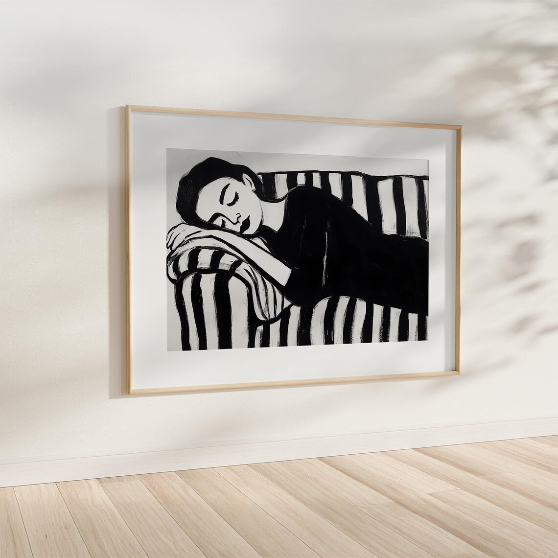 Sleeping Woman on Striped Sofa Black and White Minimalist Poster - Image 3
