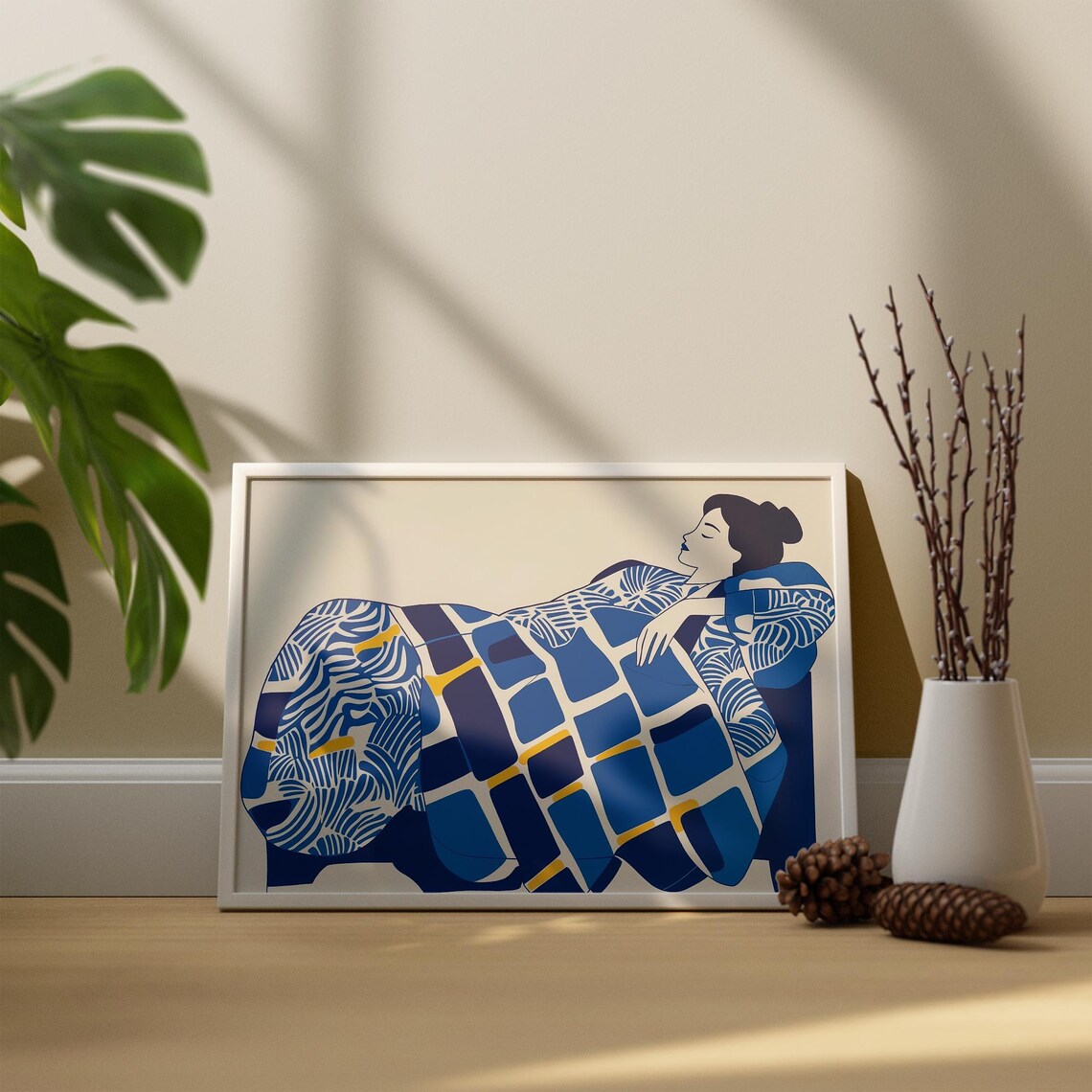 Electric Blue Abstract Woman Relaxing on Sofa, Art Print - Image 2