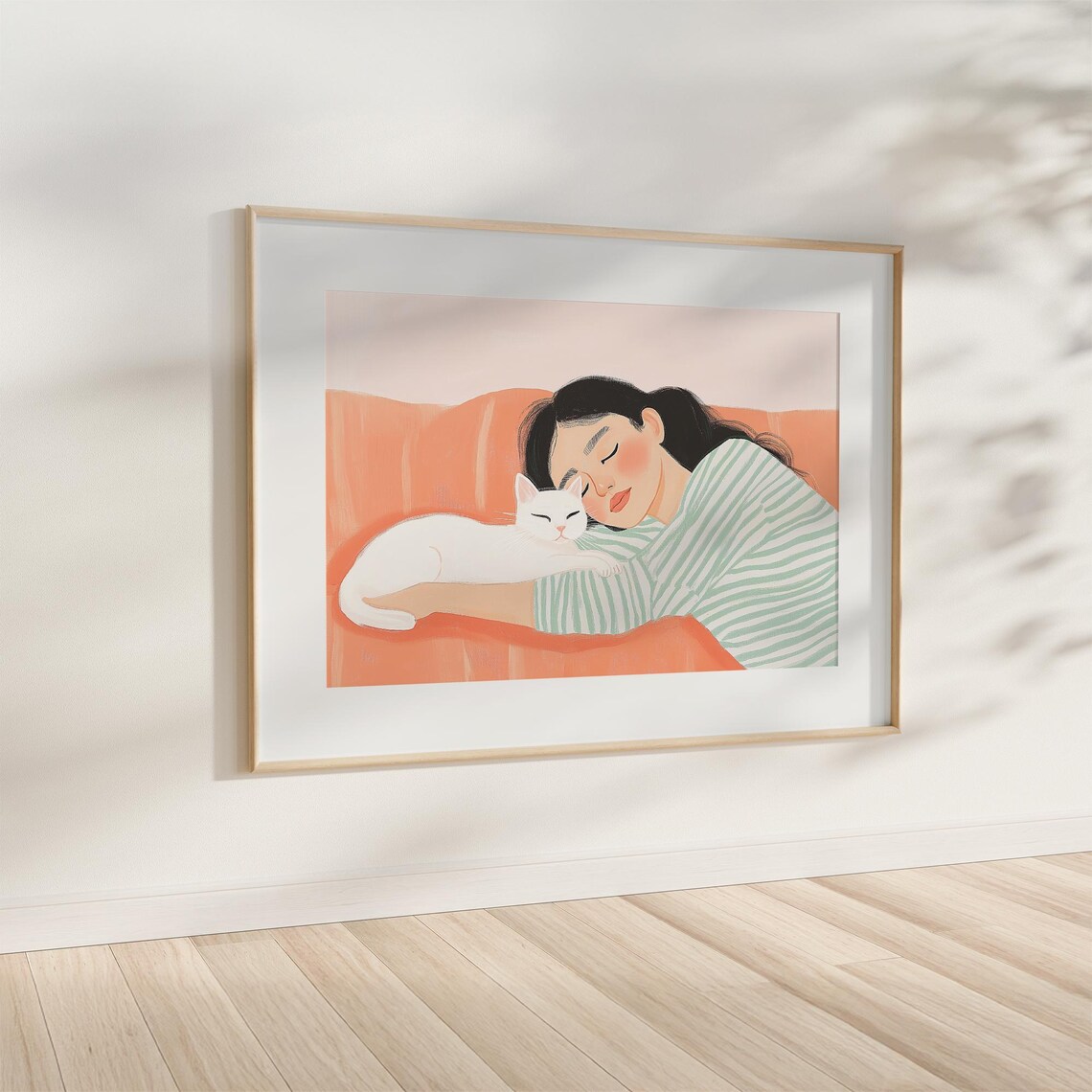 Woman Napping with White Cat Cozy Pastel Illustration Poster - Image 4