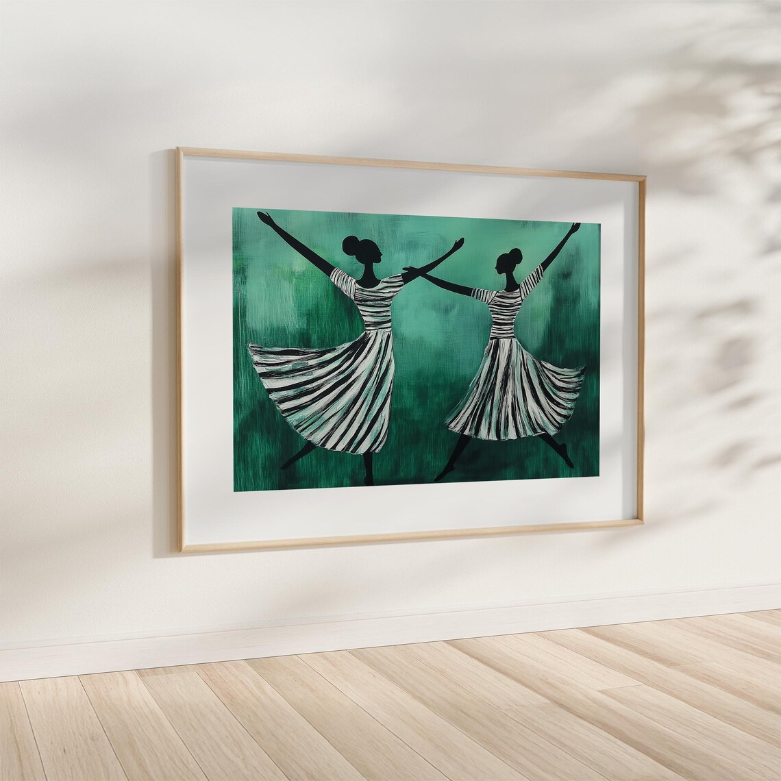 Two Dancing Silhouettes in Striped Dresses on Teal Art Poster - Image 4
