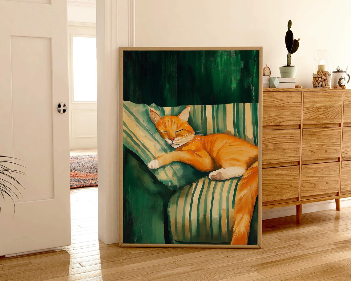 Sleeping Orange Tabby Cat Cozy Emerald Green Modern Feline Art Poster - Image 4