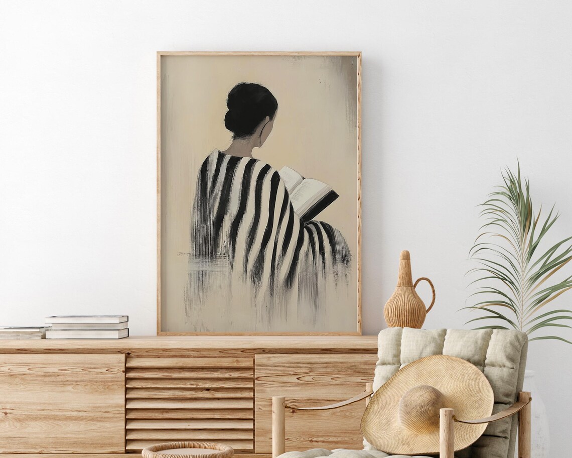 Striped Dress Woman Reading, Minimalist Portrait Art Print - Image 3