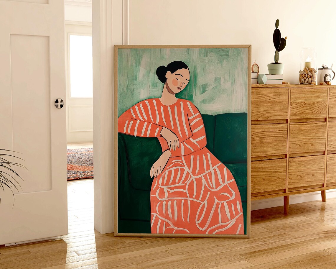 Resting Woman In Coral Striped Dress Matisse Style Abstract Art Poster - Image 3