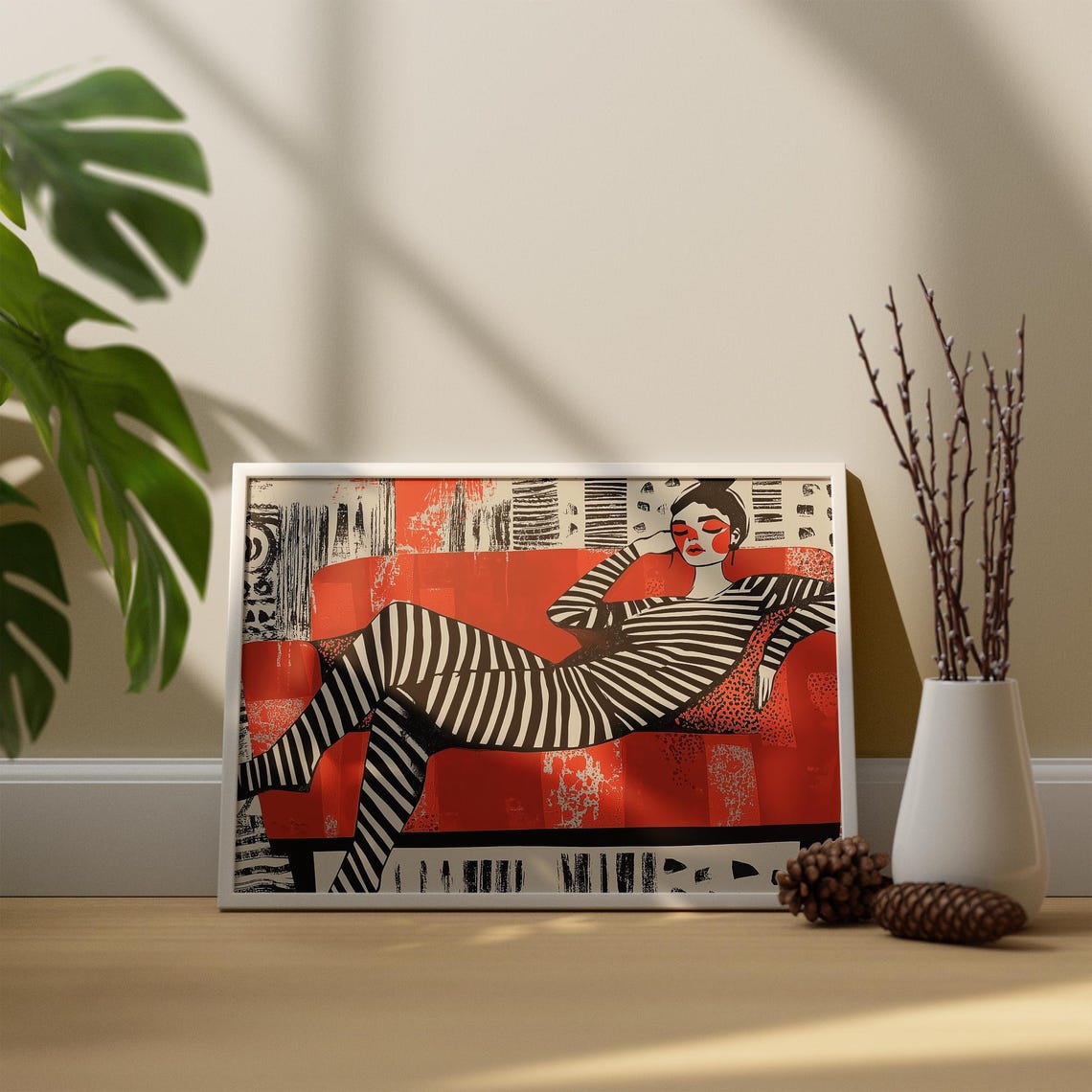 Woman Relaxing On Red Orange Couch Art Print - Image 2