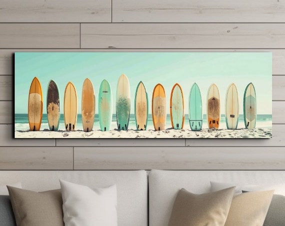 Pastel Color Palette Surfboard Lineup Ready To Hang Panoramic Wall Art Prints Retro Style Surf Art Panoramic Wall Art